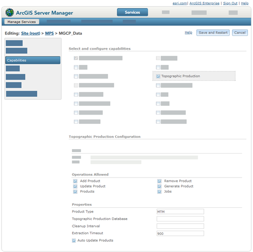 ArcGIS Server Manager with the Topographic Production capability highlighted to show its operations and other properties that were set when the service was published from ArcGIS Pro